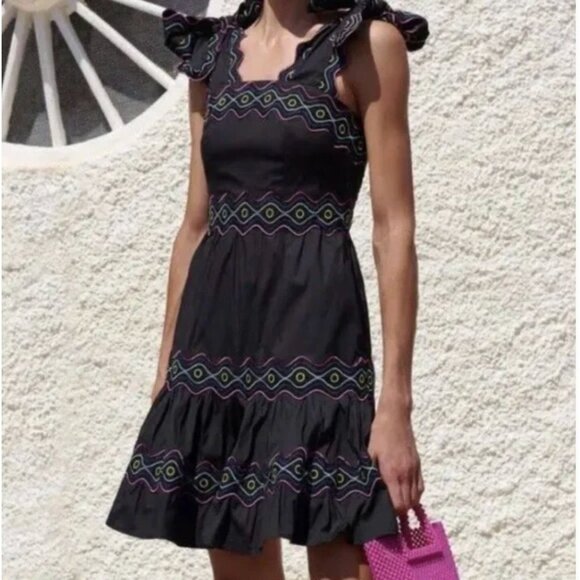 CeliaB Umi Black Tie Shoulder Embroidered Ruffle Midi Dress NWOT - Size S - Picture 3 of 11